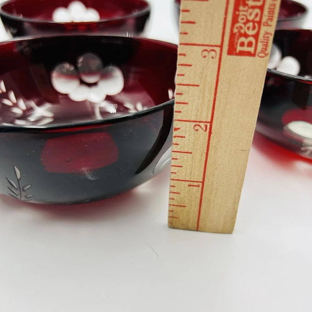 Set of‎ 7 Hand Blown Bohemian Ruby Cut to Clear Glass Bowls Floral Wheat Bubbles